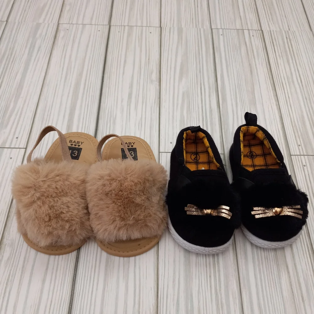 NEW 2 Pairs Faux Fur Embellished Baby Shoes